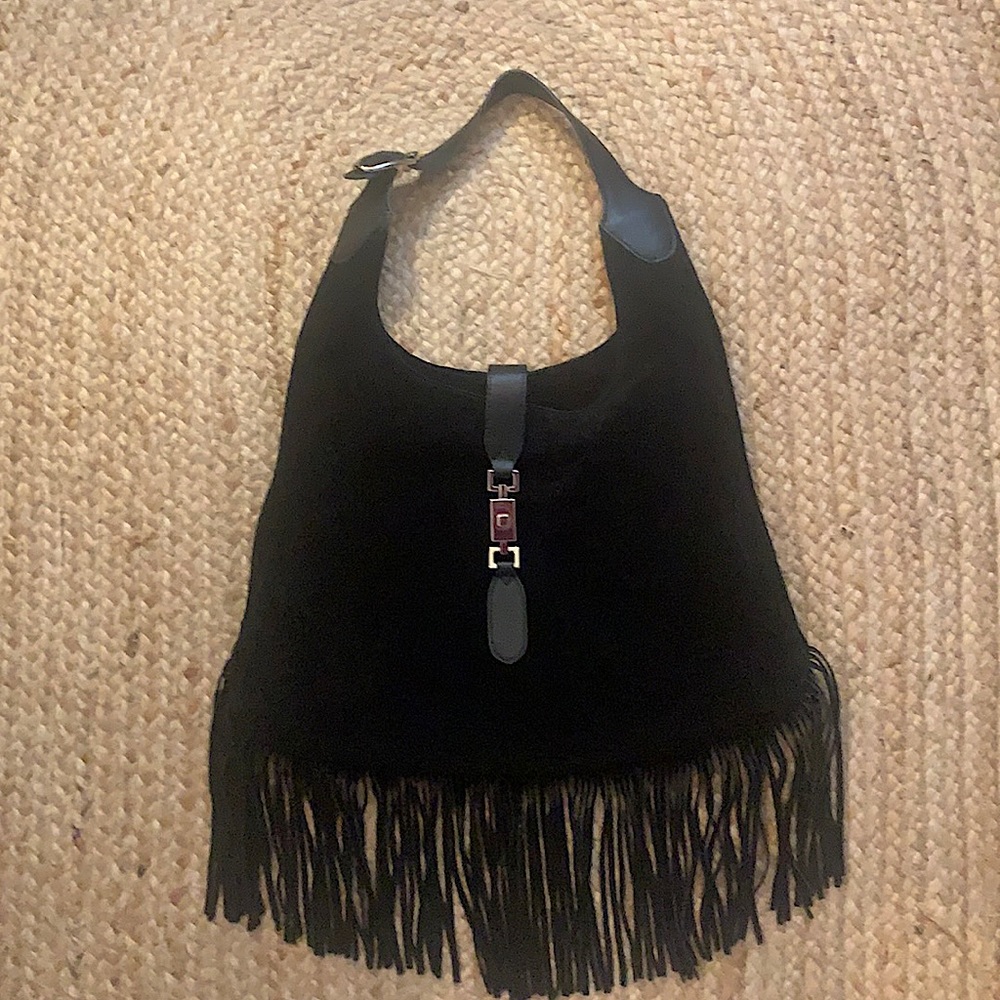 Black Suede Purse w/Fringe & Buckle Closure